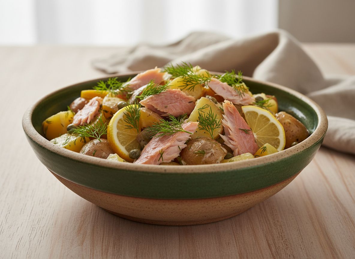Salade de pommes de terre, truite fumée, citron et aneth